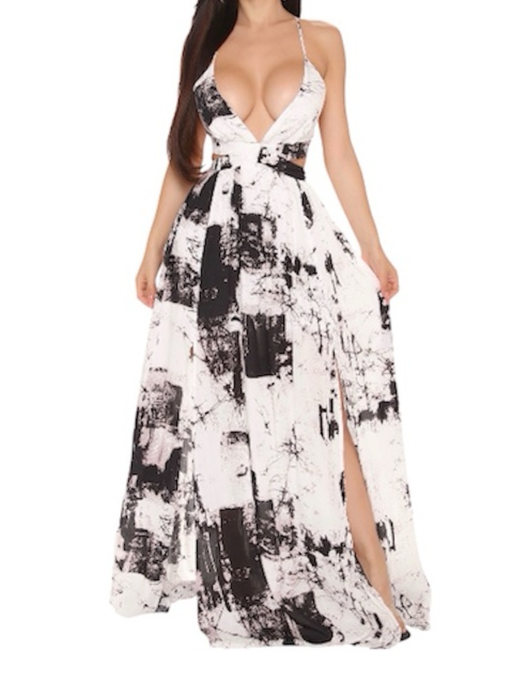 [Fashion Nova] Deep V Black & White Print Maxi Dress